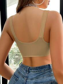 女士前扣纯色衬垫胸罩 - 卡其色 - 查看 2
