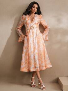 Anewsta Robe femme avec imprimé floral, ornée de perles et de strass, col en V profond, taille cintrée, ceinture décorée de perles et de strass. Style printanier, festival, Saint-Valentin, élégant, vacances de Pâques - Multicolore - Voir 3