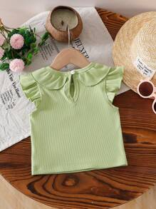 Baby Girl's Korean Fashion Round Neck Floral Ruffle Half Sleeve Knit Solid Rib Top, Summer