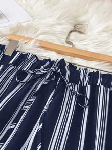 SHEIN Unity Plus Size Striped Casual Pants, Fashionable For Summer - Navy Blue - View 3