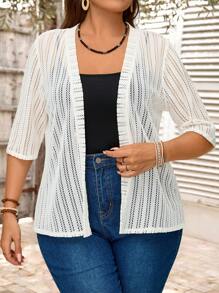 EMERY ROSE Abrigo de punto liso de manga larga con jacquard calado, minimalista y de moda para el verano, para mujer, para uso en la oficina, vacaciones, verano, festival bohemio, vacaciones