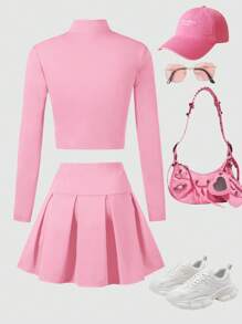 Girls & Teens Sports Wear Set, Zipper Sweater And Pleated Mini Skirt, Stretchy Fabric, Suitable For Sports & Casual, Spring & Autumn