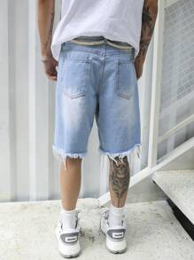 Manfinity EMRG Men's Loose Fit Cotton Ripped Frayed Raw Hem Denim Shorts Jorts - Light Wash - View 2