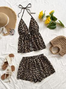 Soleia 2pcs Women Vacation Chic Classic Leopard Print V-Neck Strappy Back Camisole And Loose Super Shorts Set, For Date, Party, City Street, Holiday