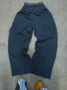 男士撞色条纹格纹拼接抽绳腰带运动裤，适合狂欢