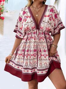 Breezaya Vintage-Blumenmuster V-Ausschnitt Taille gerafft Ärmel Kleid, modischer Frühlings-/Sommer-Urlaubsstil - Rot - Übersicht 4