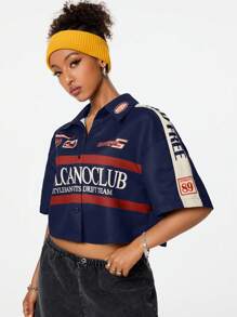 Coolane 女士橄榄绿复古运动短袖衬衫 - 藍色 - 查看 5