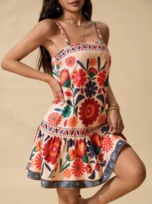 SHEIN PETITE 逼真印花吊带 A 字下摆连衣裙，适合海滩、海滨度假，适合夏季 - 彩色 - 查看 7