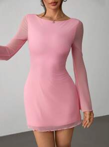 SHEIN PETITE 女士新款性感露背喇叭袖网纱连衣裙初秋款 - 粉色 - 查看 7