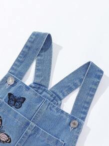 Denimly Tween Girls Casual Daily Urban Street Light Wash Denim Overalls With Cute Butterfly Embroidery, Ripped, Frayed Hem, School, Campus, College Summer Holiday