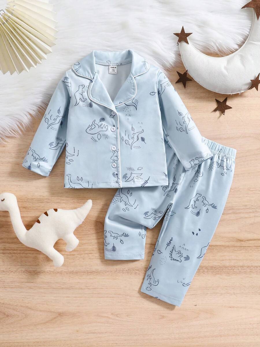 SHEIN 2pcs/Set Baby Boys' Autumn/Winter Woven Dinosaur Pattern Casual Lounge Long Sleeve Shirt & Long Pants Set - Baby Blue - View 1