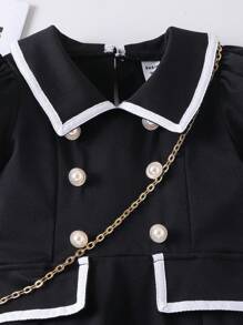 SHEIN Elladie kids Young Girls Black Knitted Collar Puff Sleeve Pearl Button Closure Dress, Elegant Office/Casual Dress For Children, Summer - Black - View 8