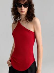 Ontre Women's Asymmetric Ribbed Elastic Camisole, Minimalistic And Fashionable, Suitable For Summer - Red - View 4