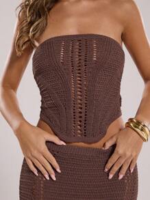 SHEIN BAE 2 pezzi/Set Donna Top a Canotta e Gonna Monocolore, Estivo - Caffè Marrone - Visualizzare 8