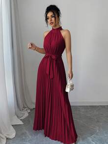 Elenzga 情人节粉色荷叶边领褶皱腰 A 字型优雅浪漫女士连衣裙