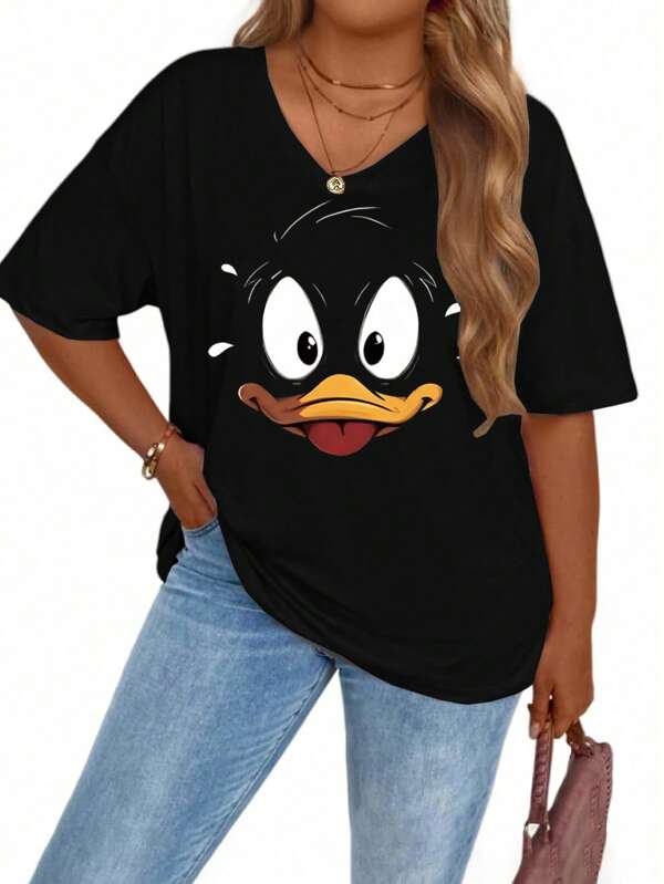 SHEIN LUNE Funny Duck Print T-Shirt, Women's Plus Graphic Tee Short Sleeve Round Neck Casual Top Slight Stretch Comfy Sports T-Shirt For Summer Outdoor Fitness Activities Clothes Graphic Tees Women Tops