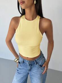 Aloruh Women's Backless Criss-Cross Tank Top, Solid Color Minimalist Fashion, Suitable For Summer,Rave Top - Yellow - View 6