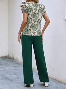 SHEIN Clasi 2pcs Women's Vacation Casual Full Print Shirt And Pants Set - Green - View 2