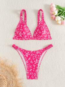 Swim Mod Women's Summer New Fashion Beach Style Bikini Set, Cute Ditsy Floral Pleated Bikini Set - Pink - View 8