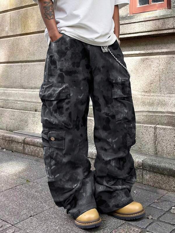 Manfinity Roghcode Pantalones cargo rectos de pierna con efecto desgastado vintage para hombres, pantalones militares de estilo camuflaje con múltiples bolsillos, pantalones vintage con manchas de la calle para hombres, adecuados para el estilo callejero de todos los días, para regalos a amigos, esposo, novio, otoño