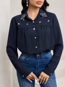 Al Najma Áo nữ trang trí hạt cườm thanh lịch theo phong cách Ả Rập - Màu xanh lam - Xem 7