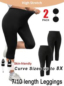 SHEIN CURVE+ 2条装加大码超弹力七分紧身裤，百搭休闲装，春夏款 - 黑色 - 查看 1