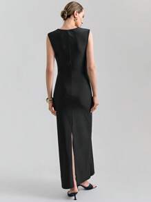 Ontre Đầm Maxi Cổ Chữ V Không Tay Thanh Lịch Mới 2025 Cho Nữ, Trang Phục Thời Trang Xuân/Hè - màu đen - Xem 4