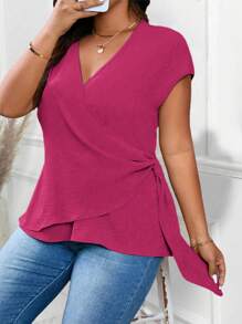 SHEIN LUNE Plus Size Crinkle Textured Crossover Wrap With Knot Side Short Sleeve Casual Outgoing Commute Shirt, Valentine's Day - Red Violet - View 5