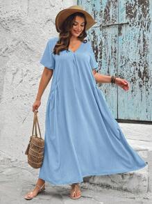SHEIN VCAY Vestido de verano holgado con bolsillo para mujer de talla grande - Celeste - Ver 2