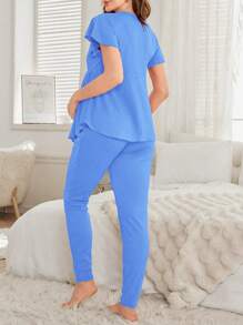 Maternity 2pcs Set New Spring/Summer Sleepwear, V-Neck Ruched Loose Casual Short Sleeve Top And Skinny Long Pants - Blue - View 2