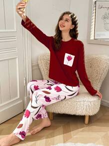 Teen Girls Koala Print Plaid Pajama Set - Burgundy - View 7