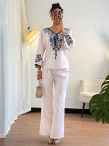 Chiquease Women's Elegant Printed 3/4 Sleeve Top And Wide Leg Pants Two Pieces Set, Vacation Suitable