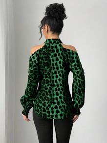 Chiquease Women's Animal Print Open Shoulder Long Sleeve Blouse, Spring/Summer - Green - View 2