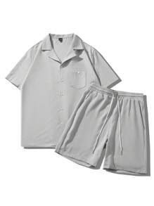 Manfinity Homme 2pcs/Set Men's Solid Color Short Sleeve Shirt And Shorts, Simple And Fashion Suitable For Summer Men Two Pieces Casual Men Two Pieces Shorts Sets Men Clothes Set Summer