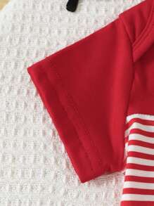 SHEIN Playful Pals 2 piezas Conjunto de body de manga corta con bolsillo y pantalón corto de cintura elástica con estampado de rayas azul y blanco para bebé recién nacido niño, suave y cómodo, adecuado para uso en casa y exterior, primavera/verano, pantalones cortos para bebé niño, ropa de recién nacido, ropa de niño de 0-9 meses, ropa de bebé niño, conjuntos de bebé niño, ropa de bebé niño - Rojo - Ver 5