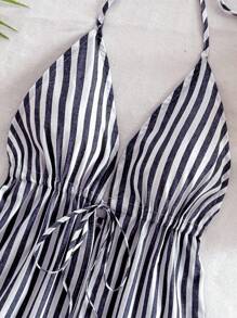 Soleia Vacation Beach Halter Neck Tied Contrast Stripe Tank Top