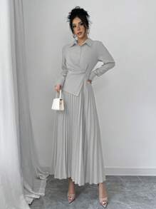 Elenzga 女士休闲纯色优雅褶皱腰中长连衣裙，秋季长款女装 - 淺灰色 - 查看 3