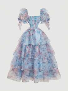 SHEIN MOD 蓝色花卉印花梦幻浪漫优雅欧根纱柔和连衣裙，带有分层褶边下摆和蝴蝶结装饰，适合约会、派对、节日、茶会、生日、女士复活节礼服、舞会礼服、夏季、女士度假服装、女士婚礼宾客礼服、女士正式礼服、毕业礼服、女士生日礼服 - 藍色 - 查看 6