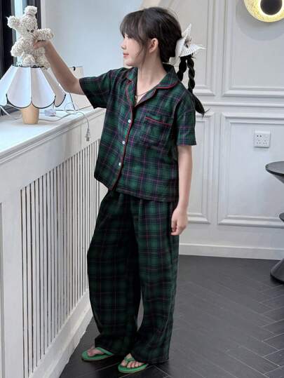 Dazy Kids 青少年女孩编织格子短袖上衣和裤子家居服，春夏