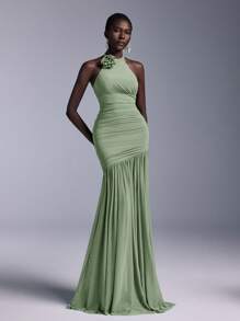 Elitara Elegant Powder Blue Floral Ruched Bust Mesh Overlay Fishtail Maxi Bridesmaid Dress Green