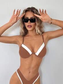 SHEIN ICON Bikini gợi cảm màu tương phản đi biển mùa hè cho nữ - Rỉ Nâu - Xem 3