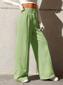 SHEIN Tall CURVE Women's Plus Size Casual Mint Green Extra Long Knitted Fabric Pants With Pockets And Drawstring Waist - Mint Green - View 4