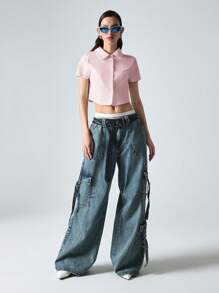SHEIN EZwear 女式夏季梭织纽扣衬衫 - 粉色 - 查看 6