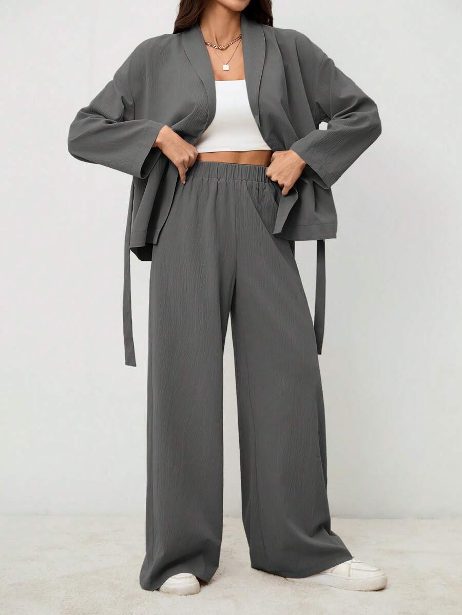SHEIN Tall Elegant & Casual Vacation/Commute Women Collar Tie Waist Loose Shacket With High Waist Soft Pants, Suitable For Autumn & Summer - Grey - View 1