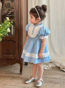 LMoss Kids Baby Girl Woven Contrast Ruffle Trim Balloon Sleeve Casual Dress - Blue - View 5