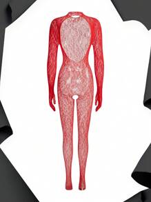 2 piezas Lencería de mujer sin entrepierna, sensual y tentador disfraz de estampado leopardo de malla de red - Rojo - Ver 2