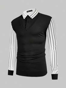 Manfinity VCAY Herren Strick Polo-Shirt in lockerer Passform mit Patchwork, Junge & Alltags Mode - Schwarz und Weiss - Übersicht 3