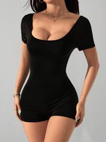 SHEIN PETITE 女士纯色露背无袖连身裤 - 黑色 - 查看 6