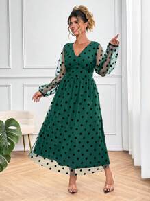 SHEIN Clasi Vestido maxi con mangas linterna, estampado de lunares y malla para mujer de talla grande
