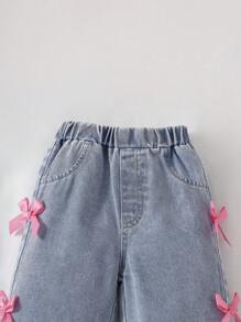 SHEIN Playful Pals 女婴夏季休闲可爱粉色蝴蝶结印花短袖上衣和牛仔裤套装，带多个丝带蝴蝶结装饰，韩版风格 - 白色 - 查看 5